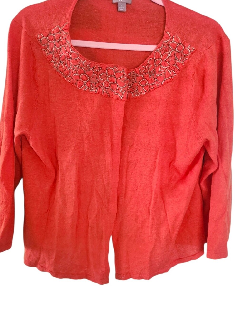 J.Jill Orange Embroidered Linen Blend Knit Open Front 3/4 Sleeves Cardigan XL